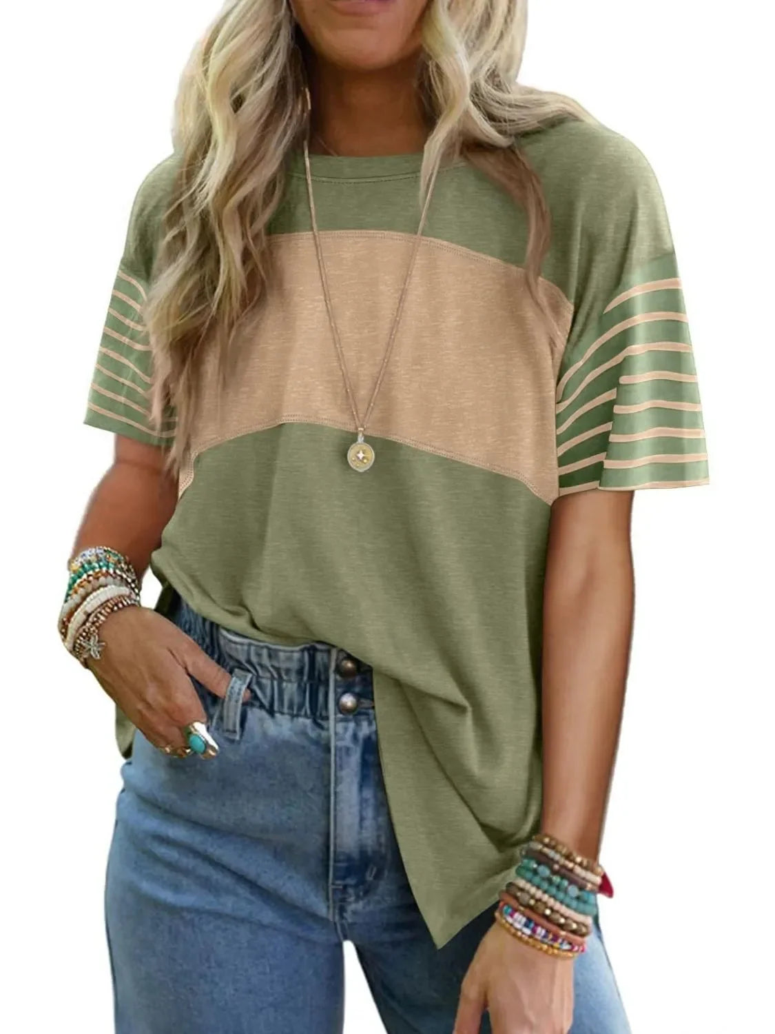 Block Striped Sleeve T Shirt With Lightweight Fabric - Southern Shores Clothing