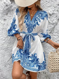 Paisley Print V Neck Mini Dress Tie Belt Three Quarter Sleeve - Southern Shores Clothing