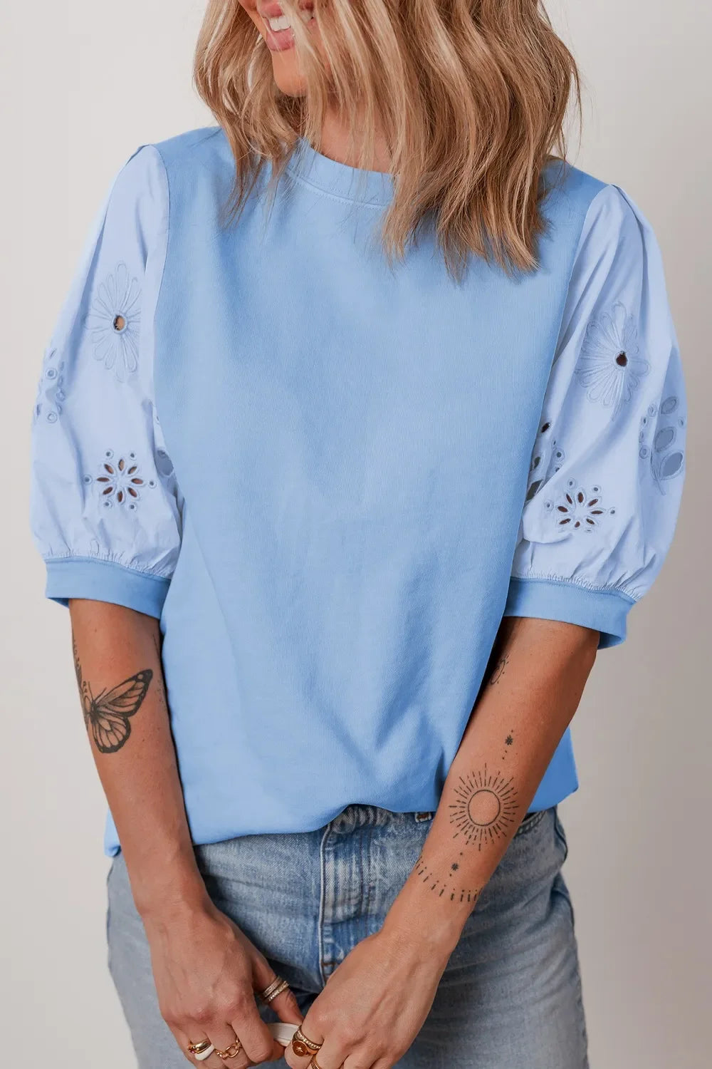Eyelet Flower Embroidered Patchwork Puff Short Sleeve Blouse - Southern Shores Clothing