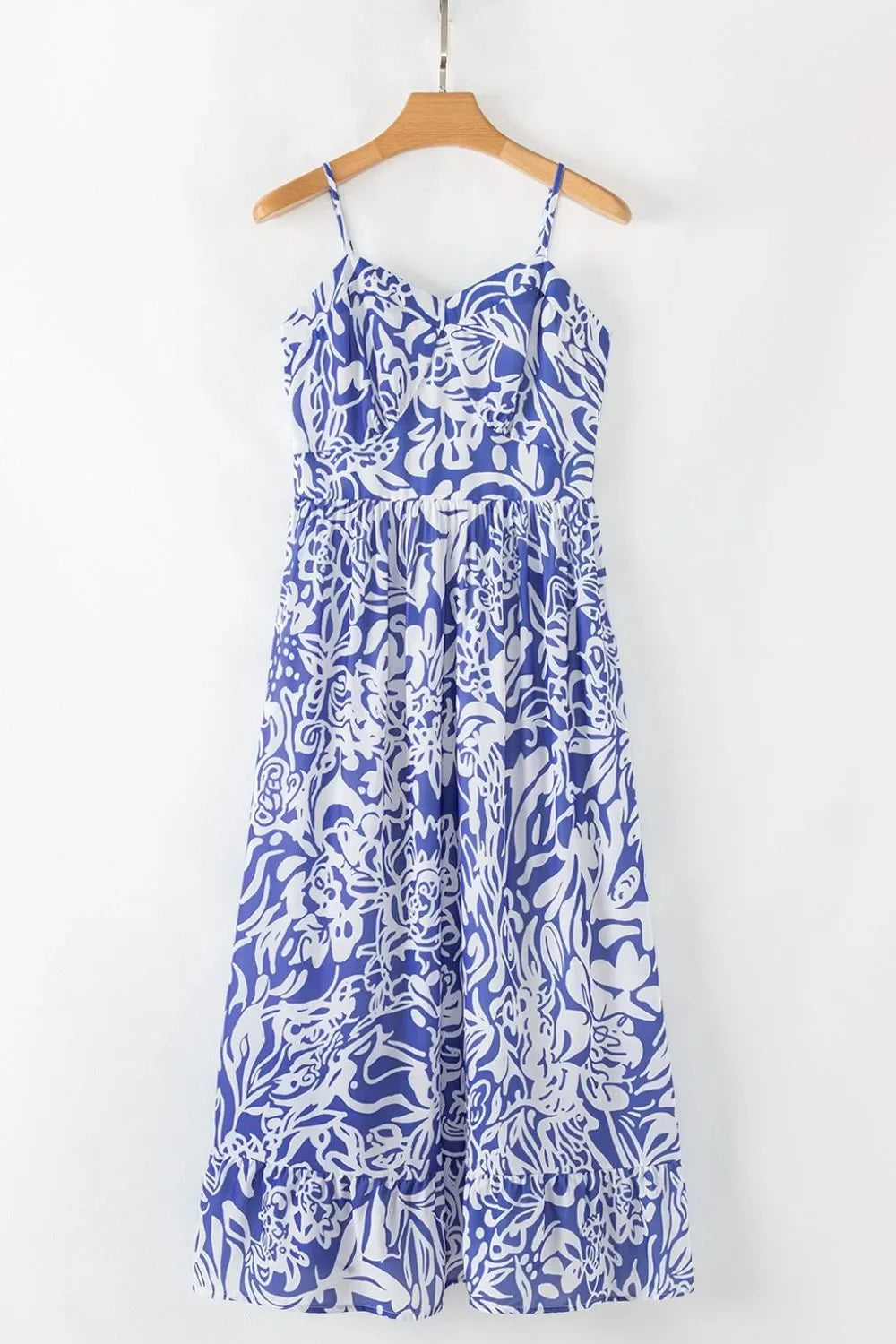 Floral Print Spaghetti Strap High Waist Midi Dress Tiered Hem - Southern Shores Clothing