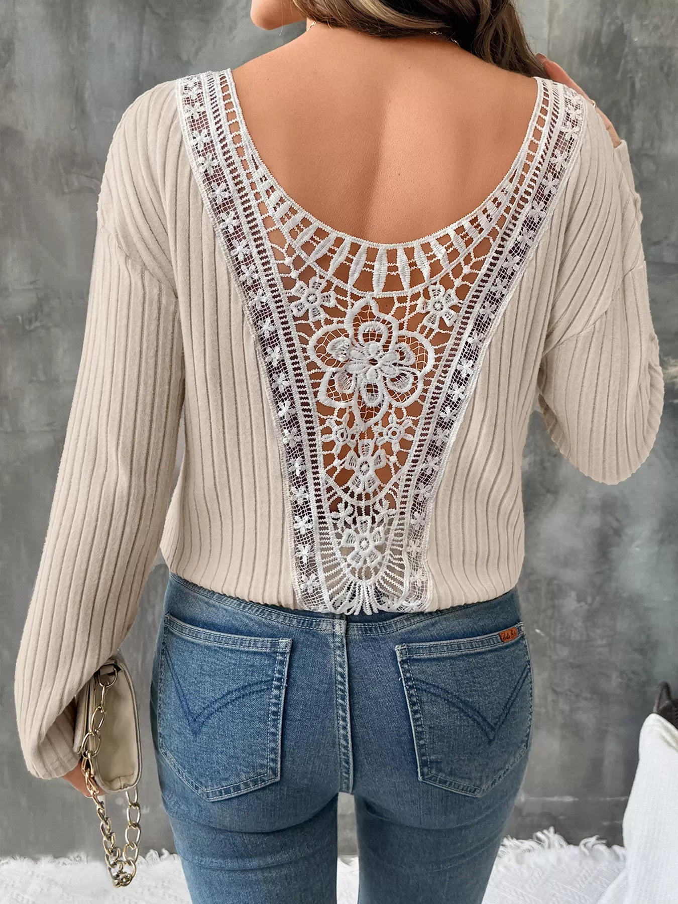 Lace Detail Ribbed Knit Long Sleeve T-Shirt - Southern Shores Clothing