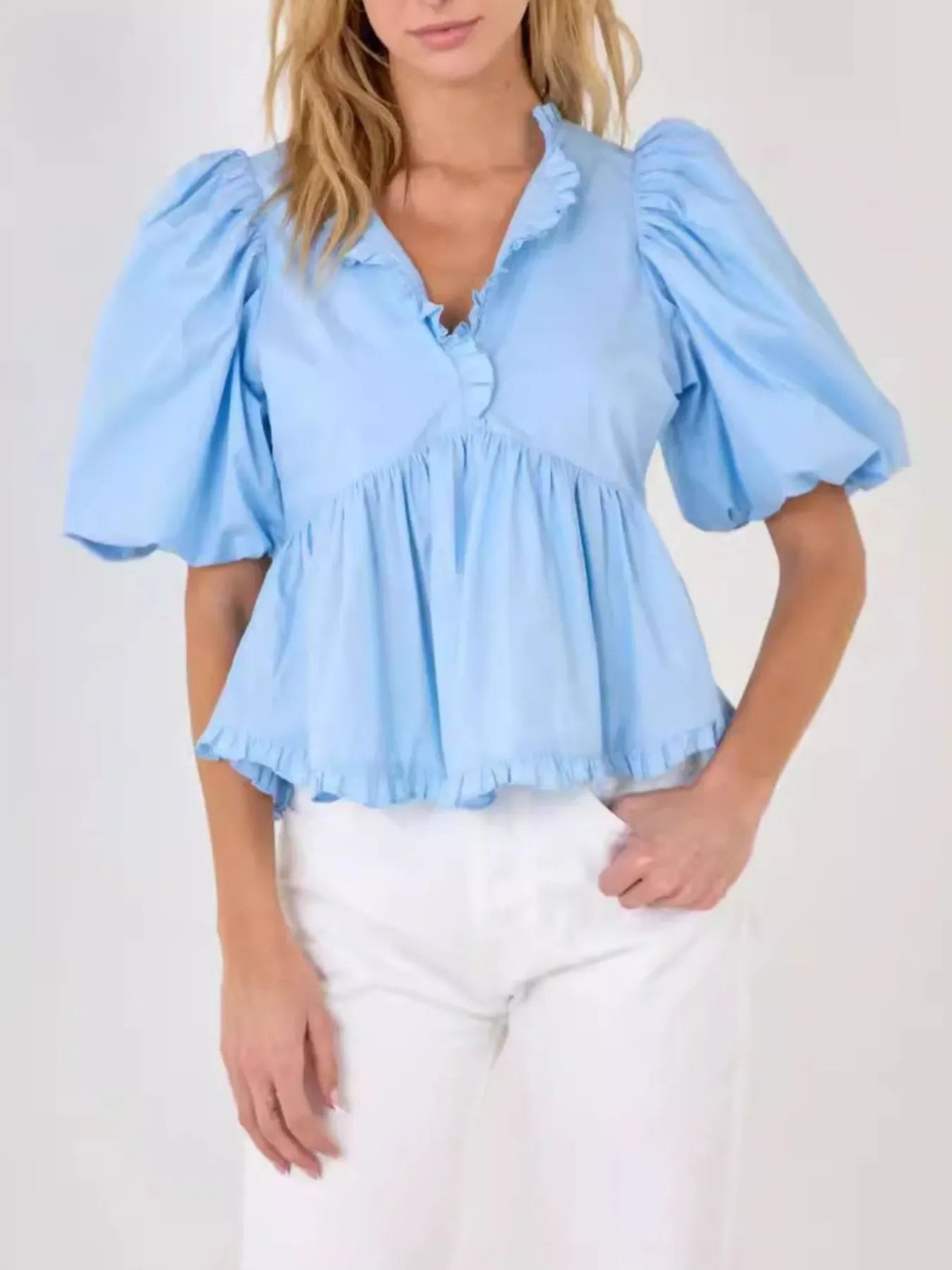 Stylish Southern Shores Clothing Puff Sleeve Peplum Blouse With Ruffles In 100% Polyester Fabric - Southern Shores Clothing