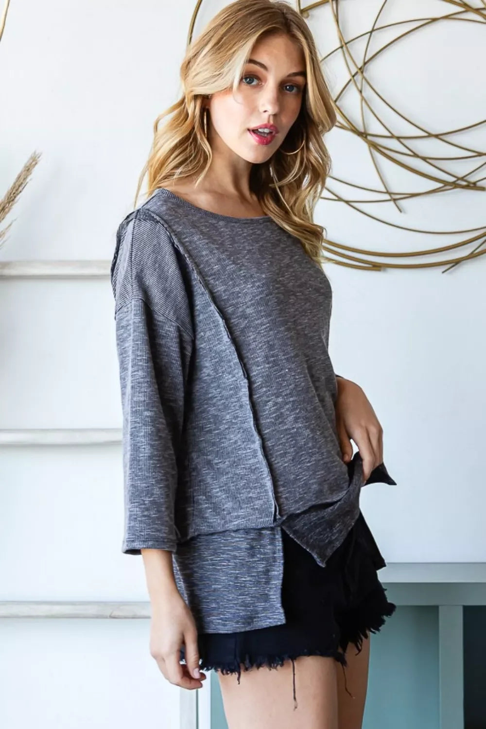 Relaxed Fit Boat Neck Exposed Seam Slit Top Three Quarter Sleeve - Southern Shores Clothing