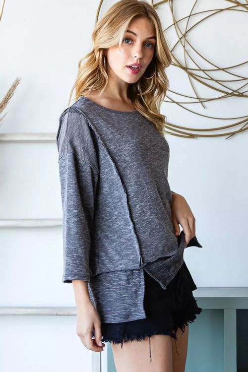Relaxed Fit Boat Neck Exposed Seam Slit Top Three Quarter Sleeve - Southern Shores Clothing