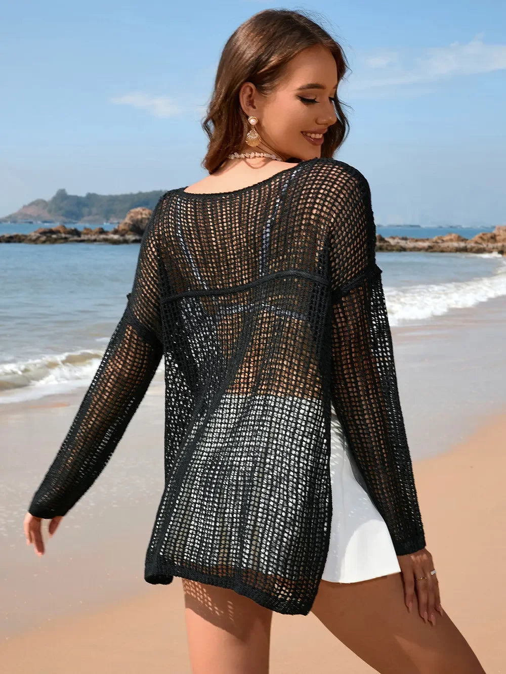 Openwork Slit Boat Neck Long Sleeve Cover-Up - Southern Shores Clothing