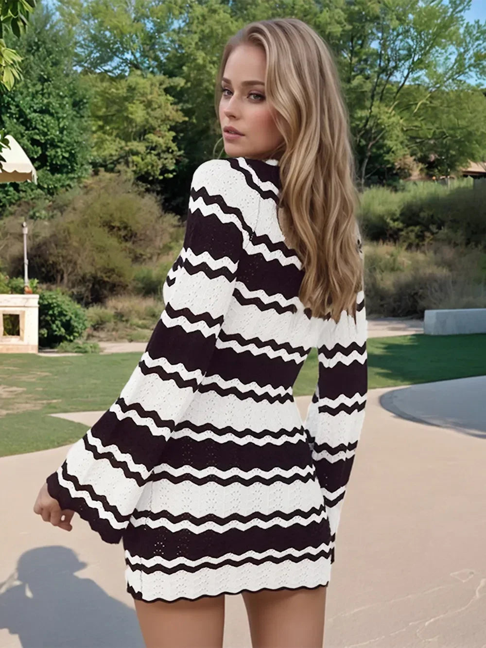 Wavy Striped Tied Front Long Sleeve Cover Up Dress - Southern Shores Clothing