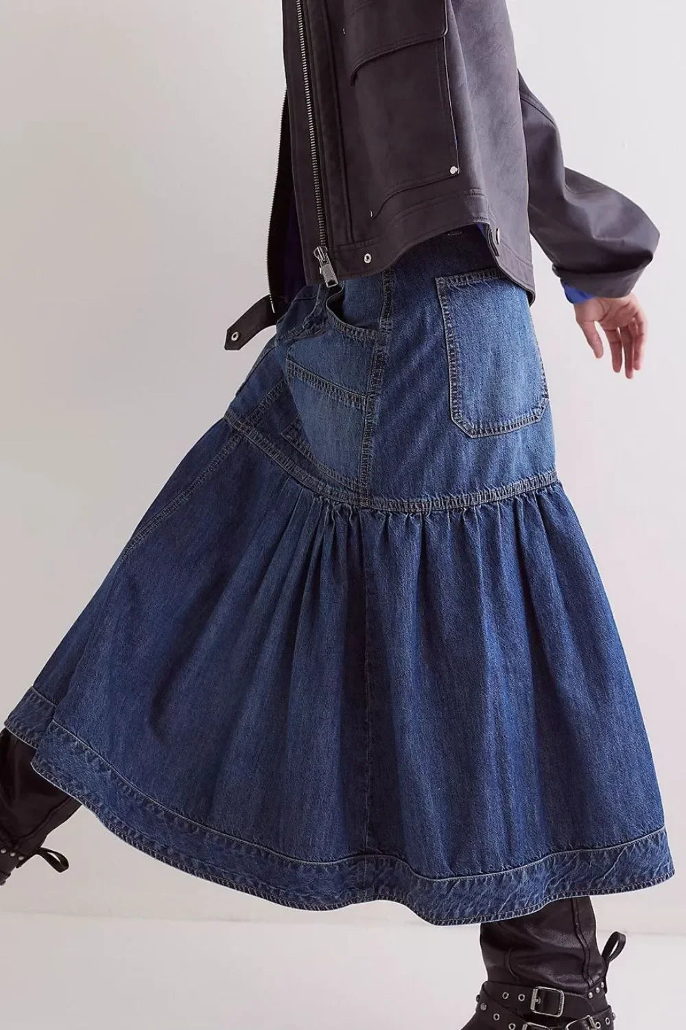 Relaxed Fit Midi Denim Skirt With Pockets - Southern Shores Clothing
