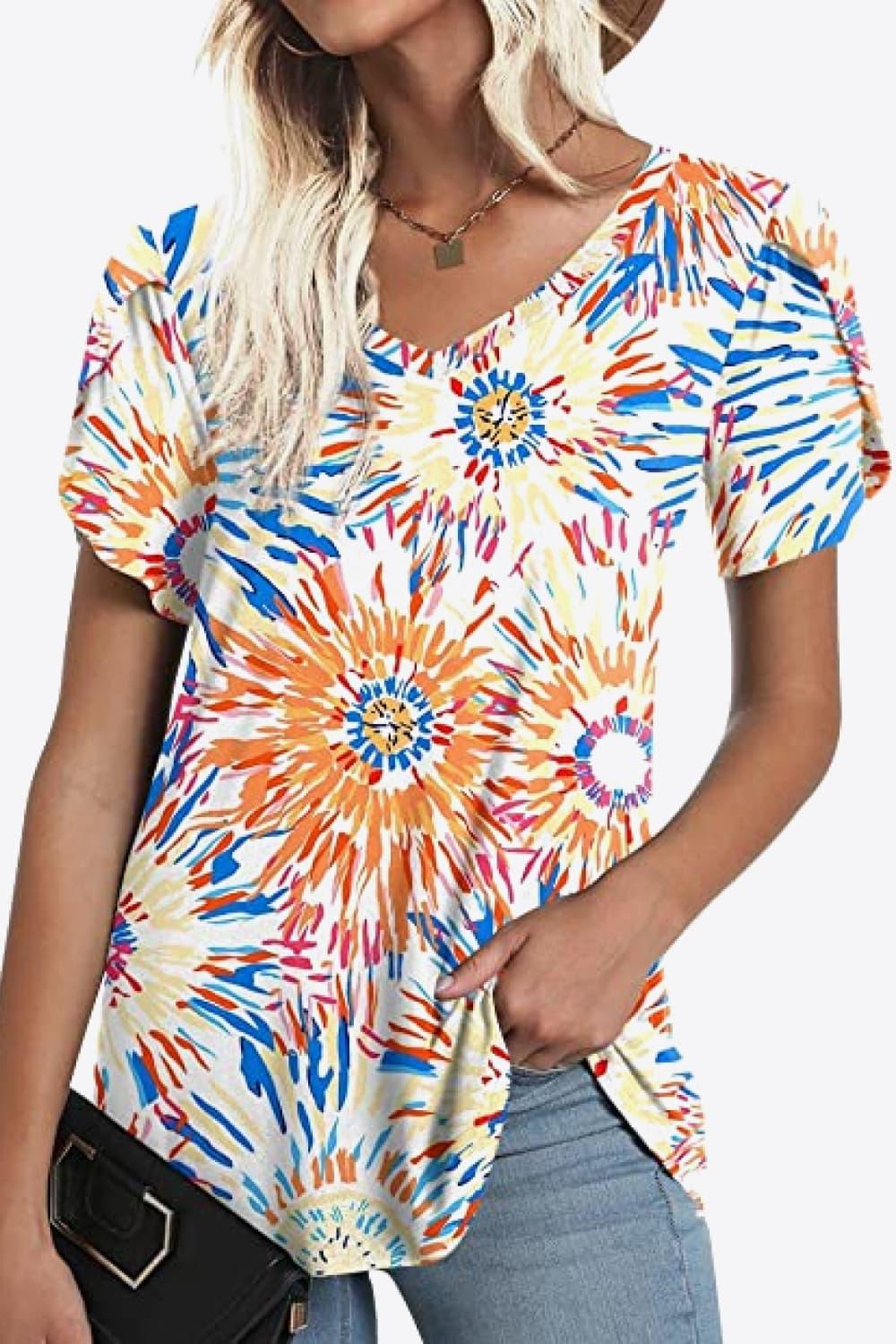 Casual Floral V Neck Blouse With Petal Sleeves - Southern Shores Clothing