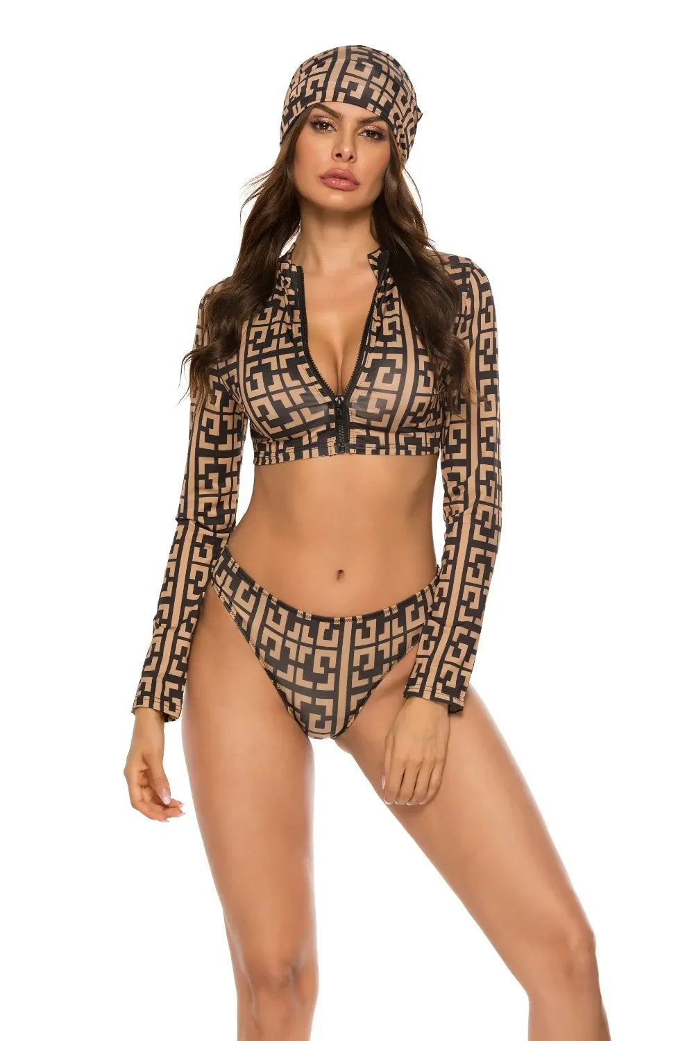 Printed Zip-Up Three-Piece Swim Set With Front Zip Top Pattern - Southern Shores Clothing