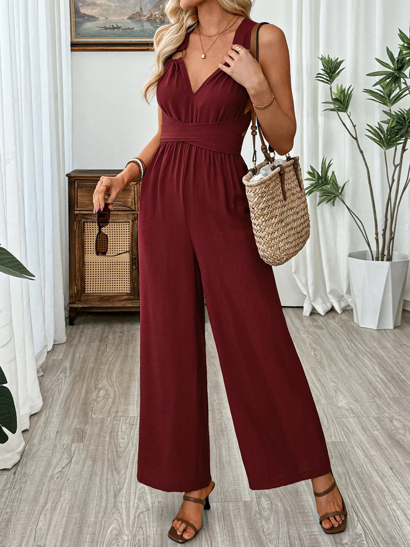 V Neck Sleeveless Wide Leg Jumpsuit Crisscross - Southern Shores Clothing