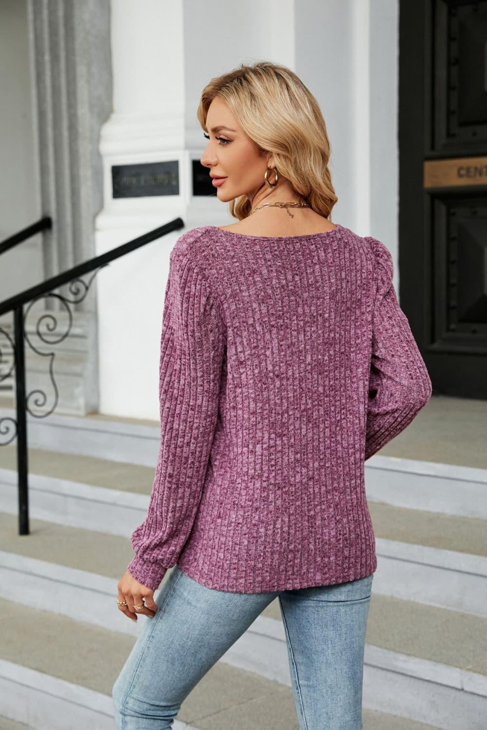 Ribbed Square Neck Long Sleeve T Shirt Rayon Blend Top - Southern Shores Clothing