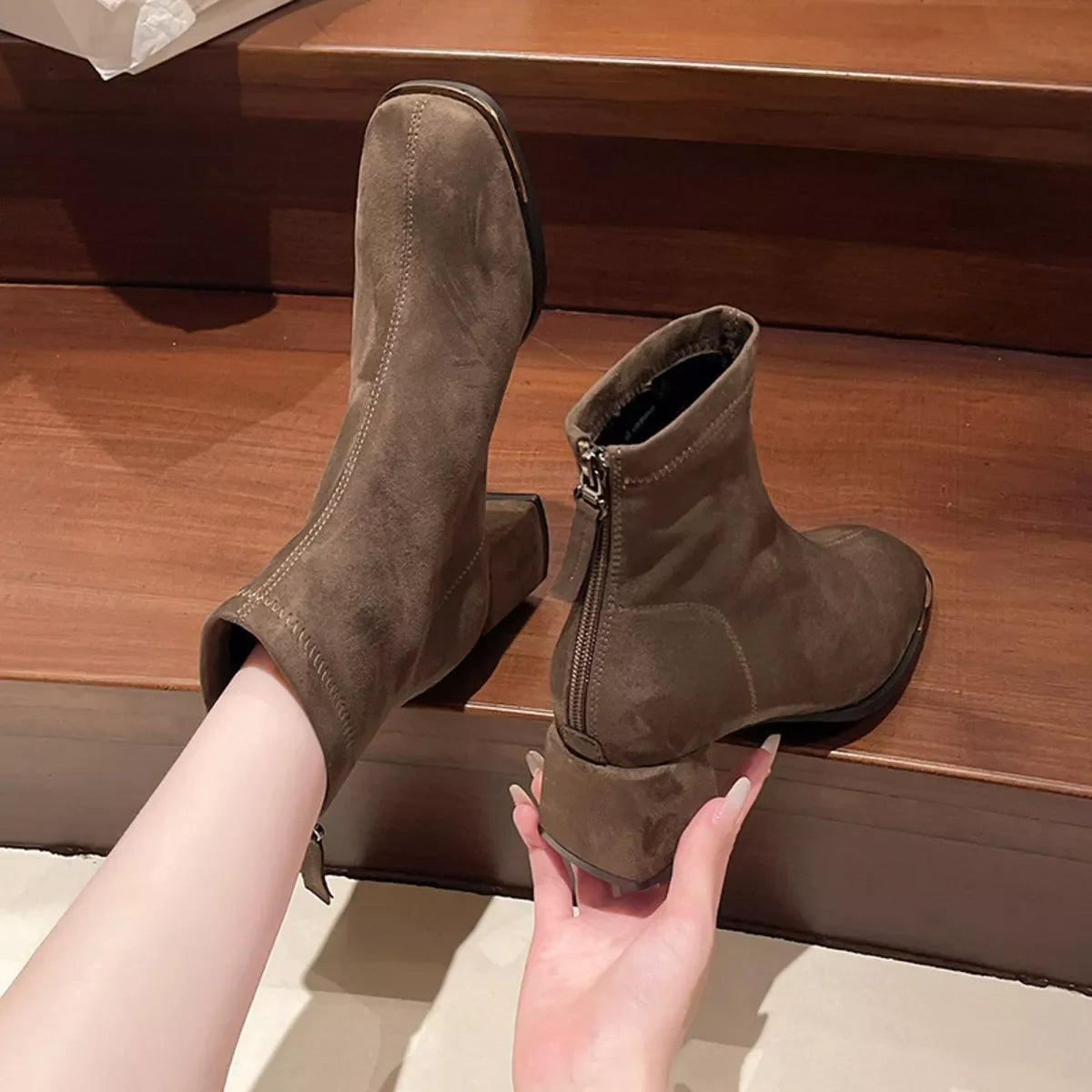 Square Toe Block Low Heel Suede Ankle Boots - Southern Shores Clothing
