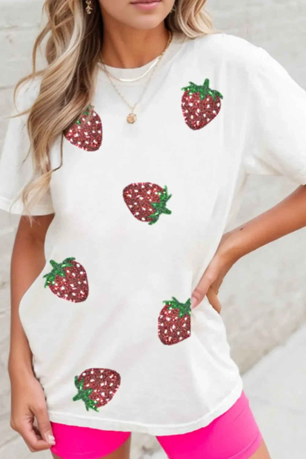 Sequin Strawberry Crew Neck Short Sleeve T Shirt - Southern Shores Clothing