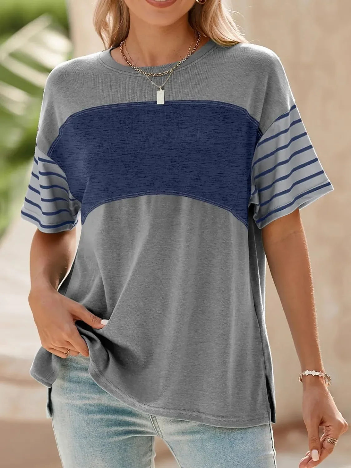 Block Striped Sleeve T Shirt With Lightweight Fabric - Southern Shores Clothing
