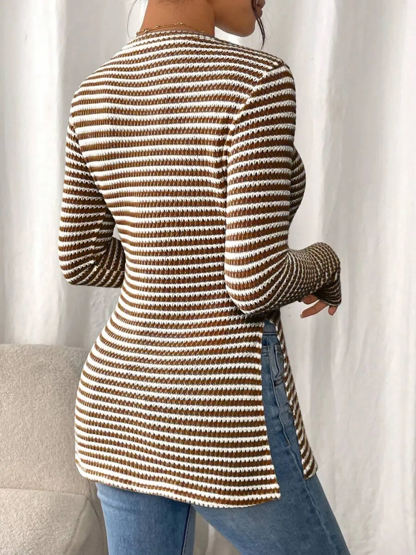 Side Slit Striped Long Sleeve T-Shirt - Southern Shores Clothing