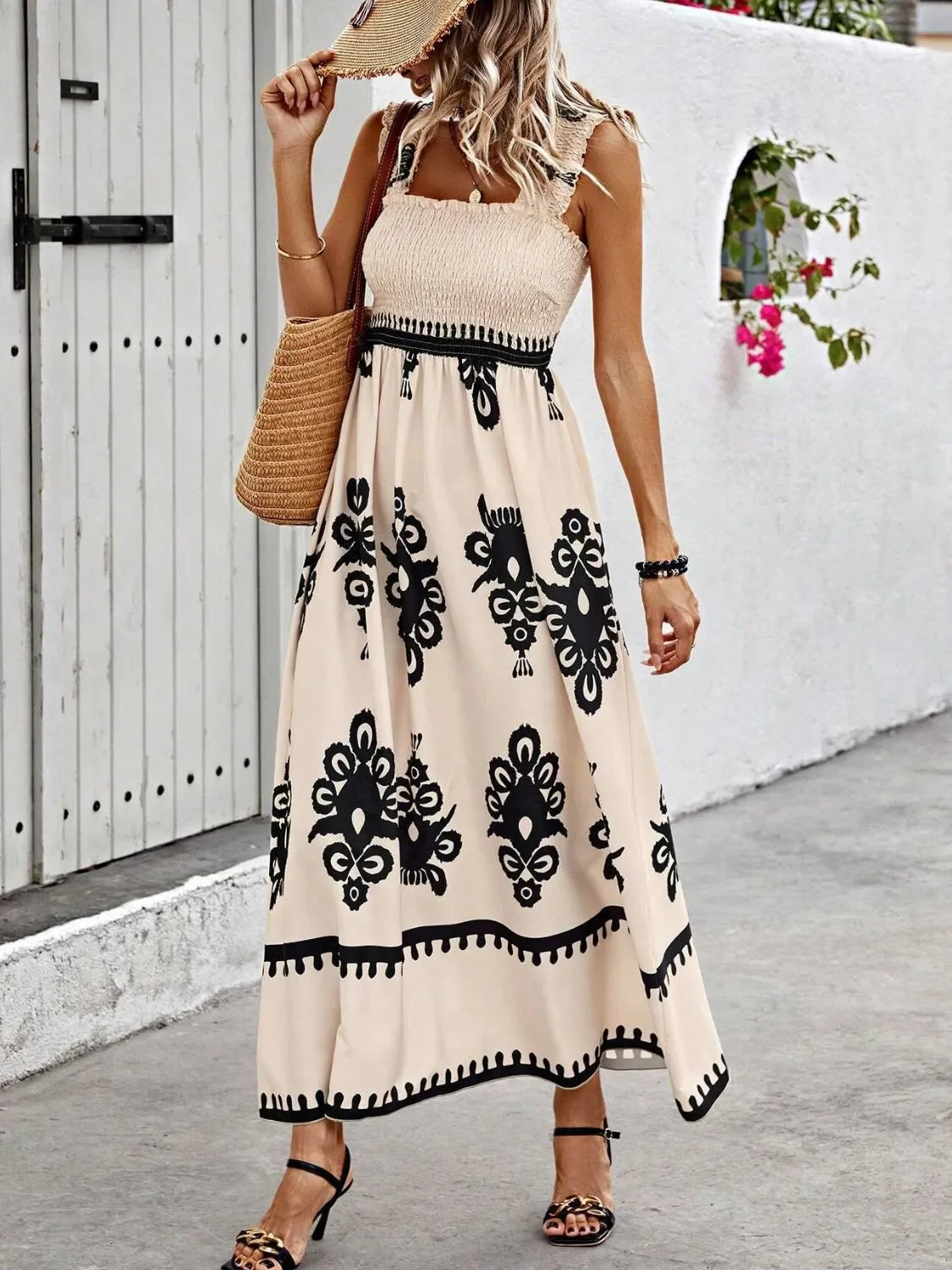 Smocked Printed Maxi Dress With Wide Straps Boho Style Details - Southern Shores Clothing
