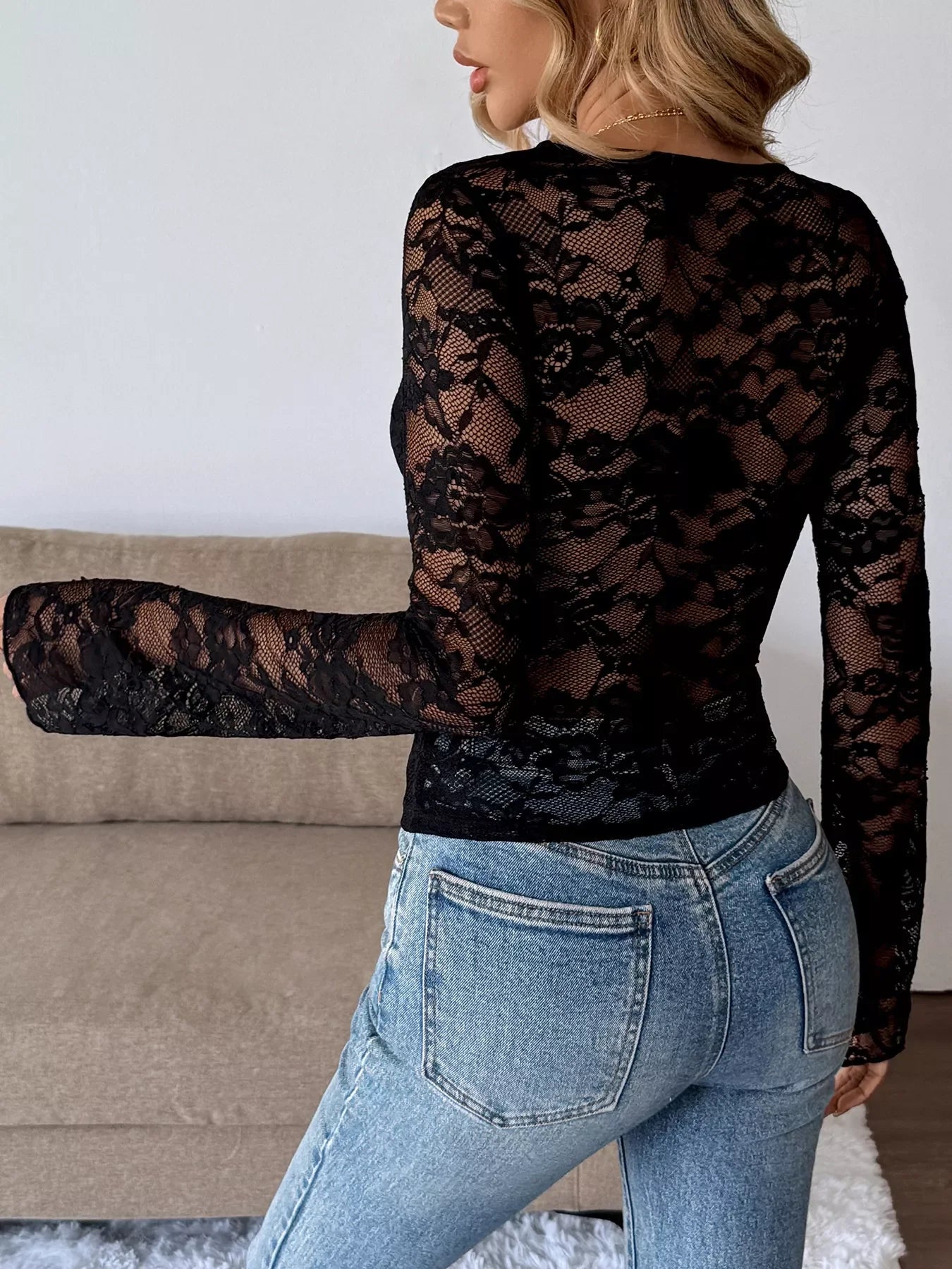 Lace V-Neck Long Sleeve T-Shirt - Southern Shores Clothing