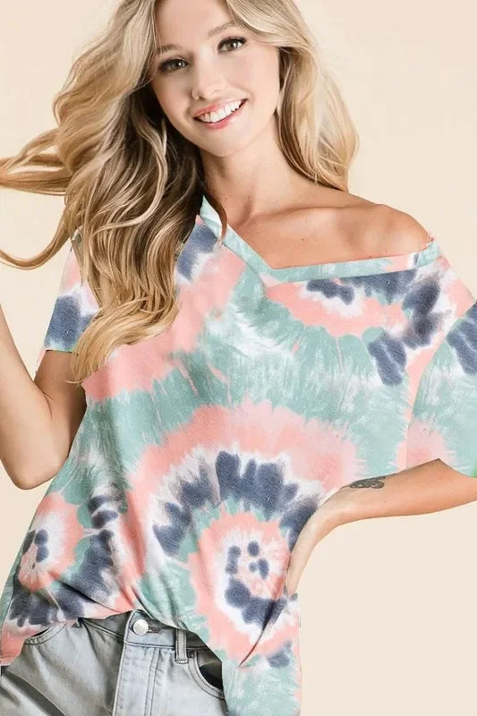 Terry V Neck Tie Dye Short Sleeve Top Relaxed Fit - Southern Shores Clothing