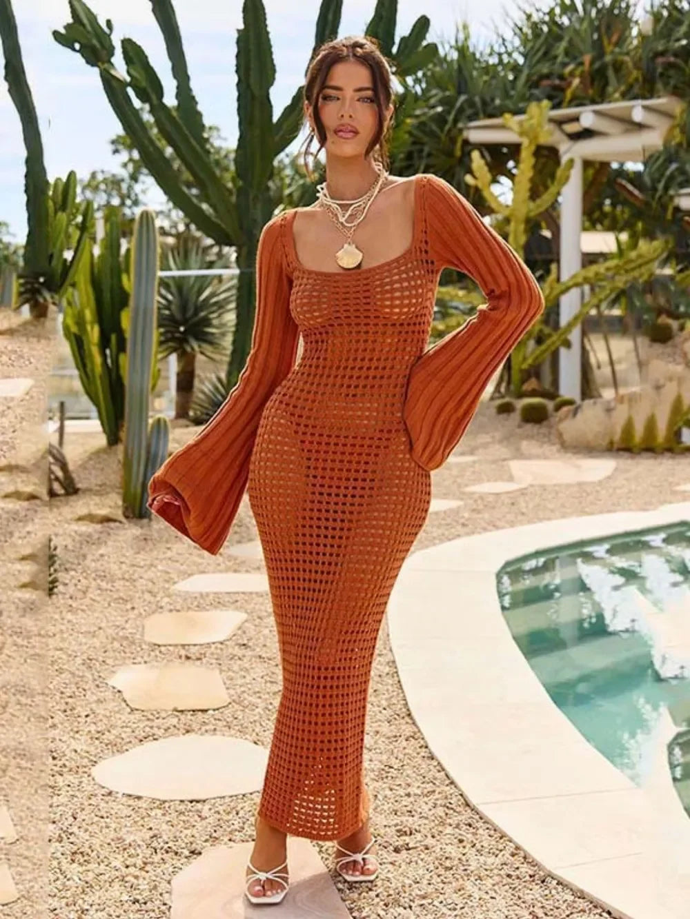 Sheer Openwork Flare Sleeve Cover Up Dress - Southern Shores Clothing