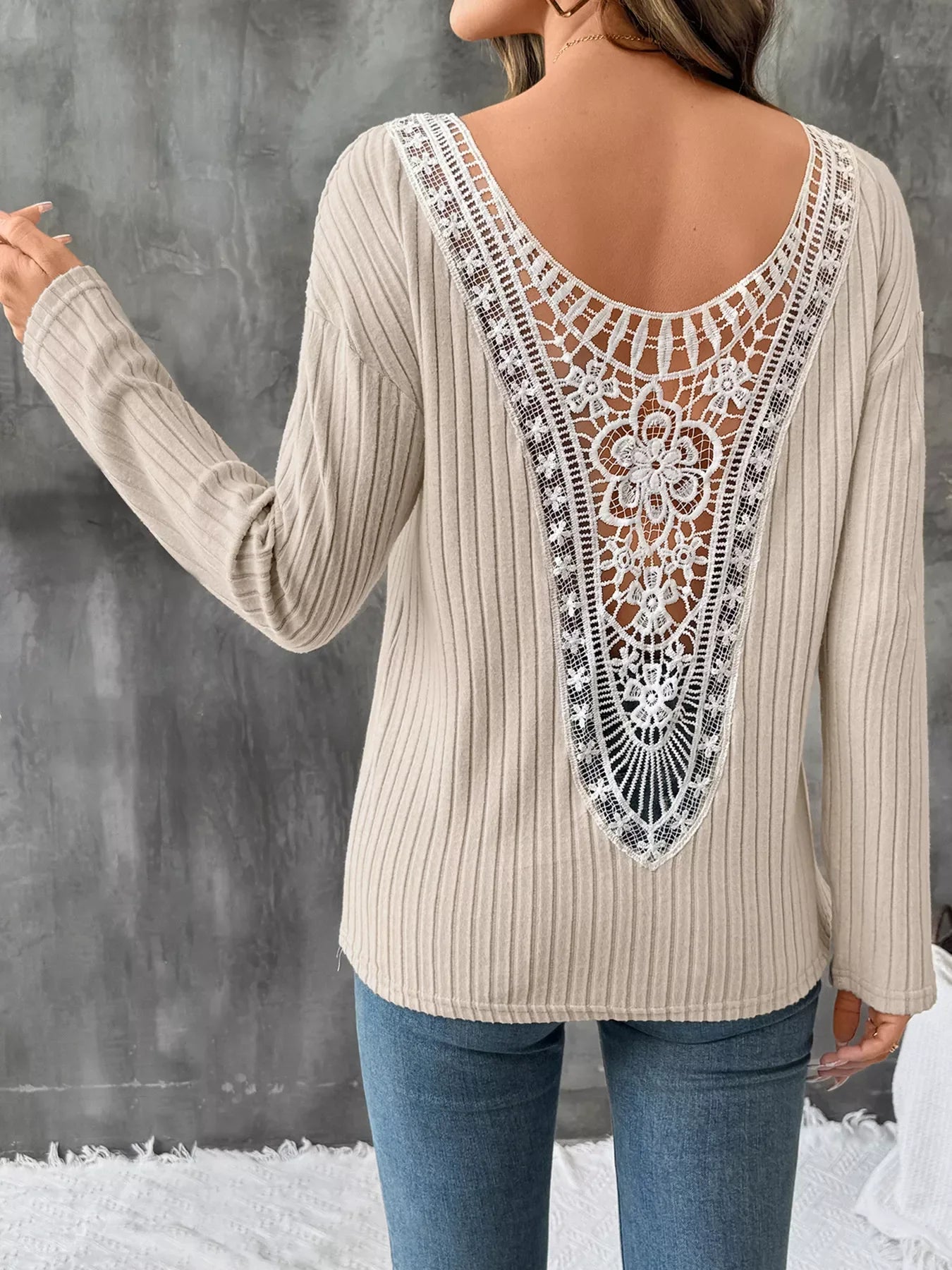 Lace Detail Ribbed Knit Long Sleeve T-Shirt - Southern Shores Clothing