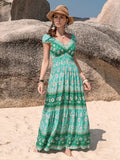 Smocked Printed V-Neck Dress With Ruched Bodice And Tiered Skirt - Southern Shores Clothing