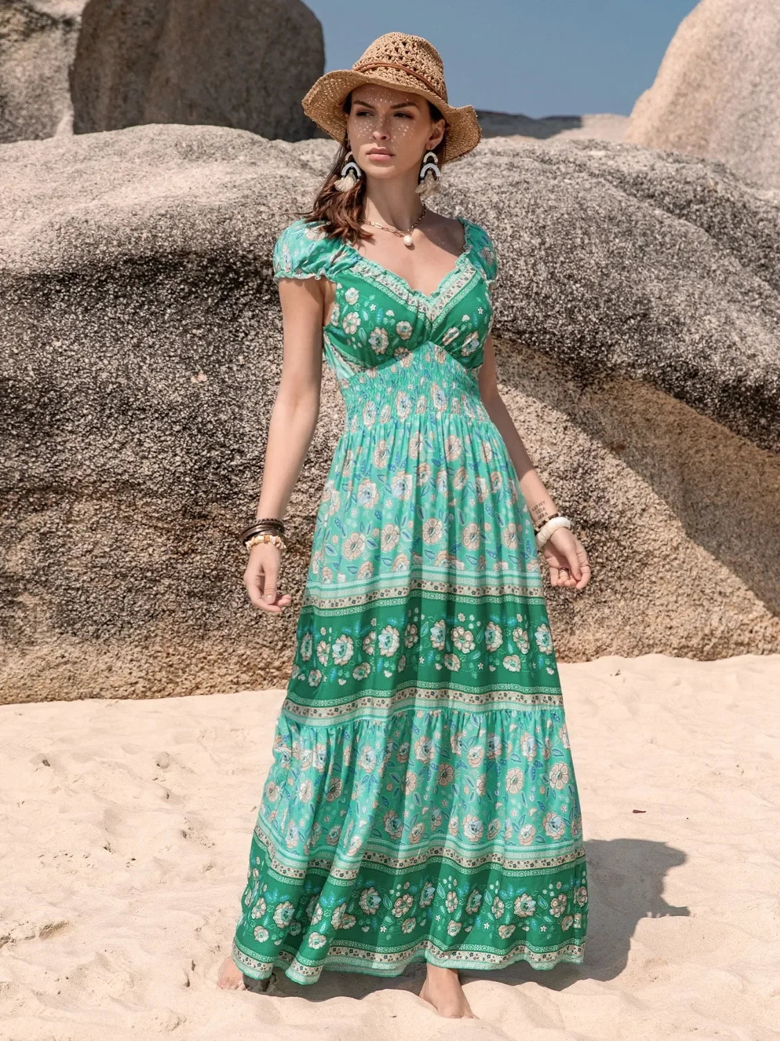 Smocked Printed V-Neck Dress With Ruched Bodice And Tiered Skirt - Southern Shores Clothing