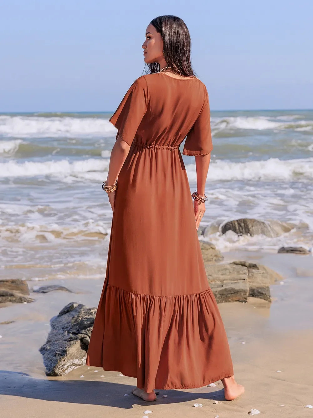 Ruffled Tassel V-Neck Flutter Sleeve Dress With Lace Trim - Southern Shores Clothing