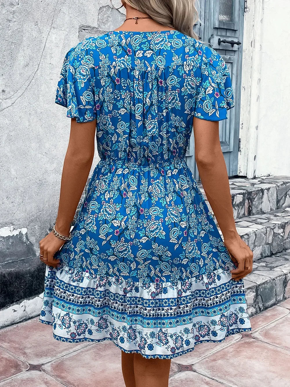 Floral Print V Neck Flutter Sleeve Mini Dress With Elastic Waist - Southern Shores Clothing
