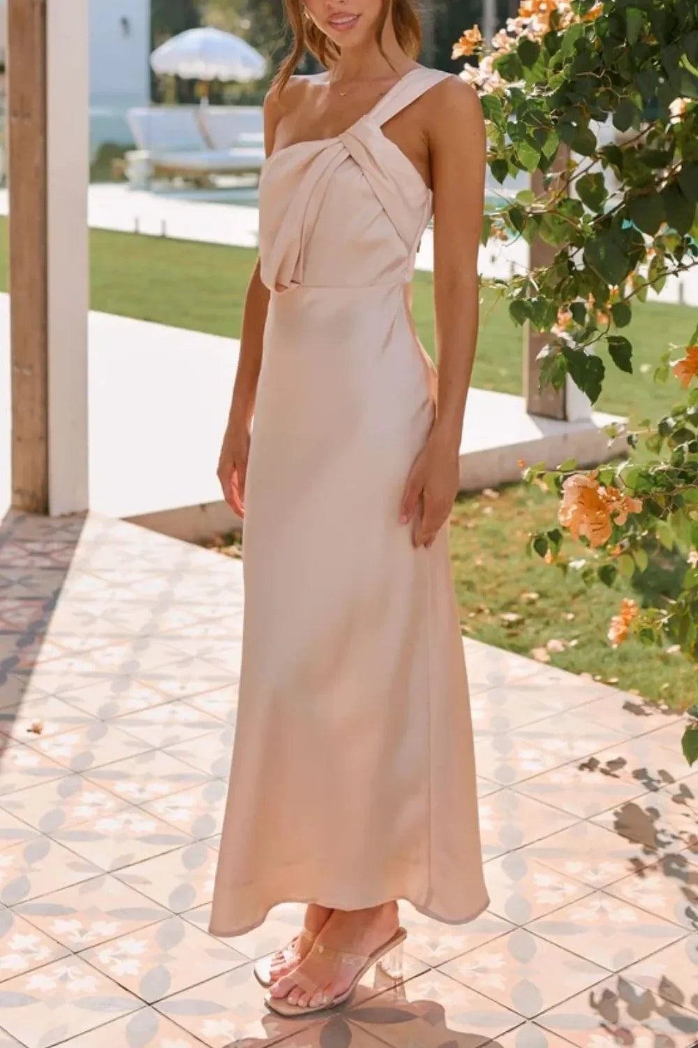 Ruched Single Shoulder Sleeveless Maxi Dress - Southern Shores Clothing