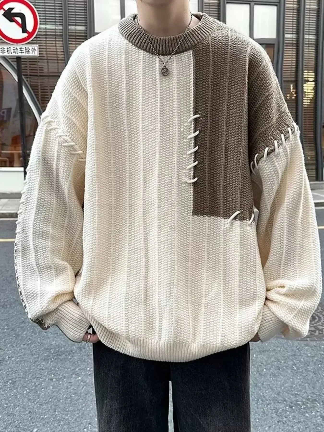 Oversized Block Knitted Pullover With Relaxed Fit - Southern Shores Clothing