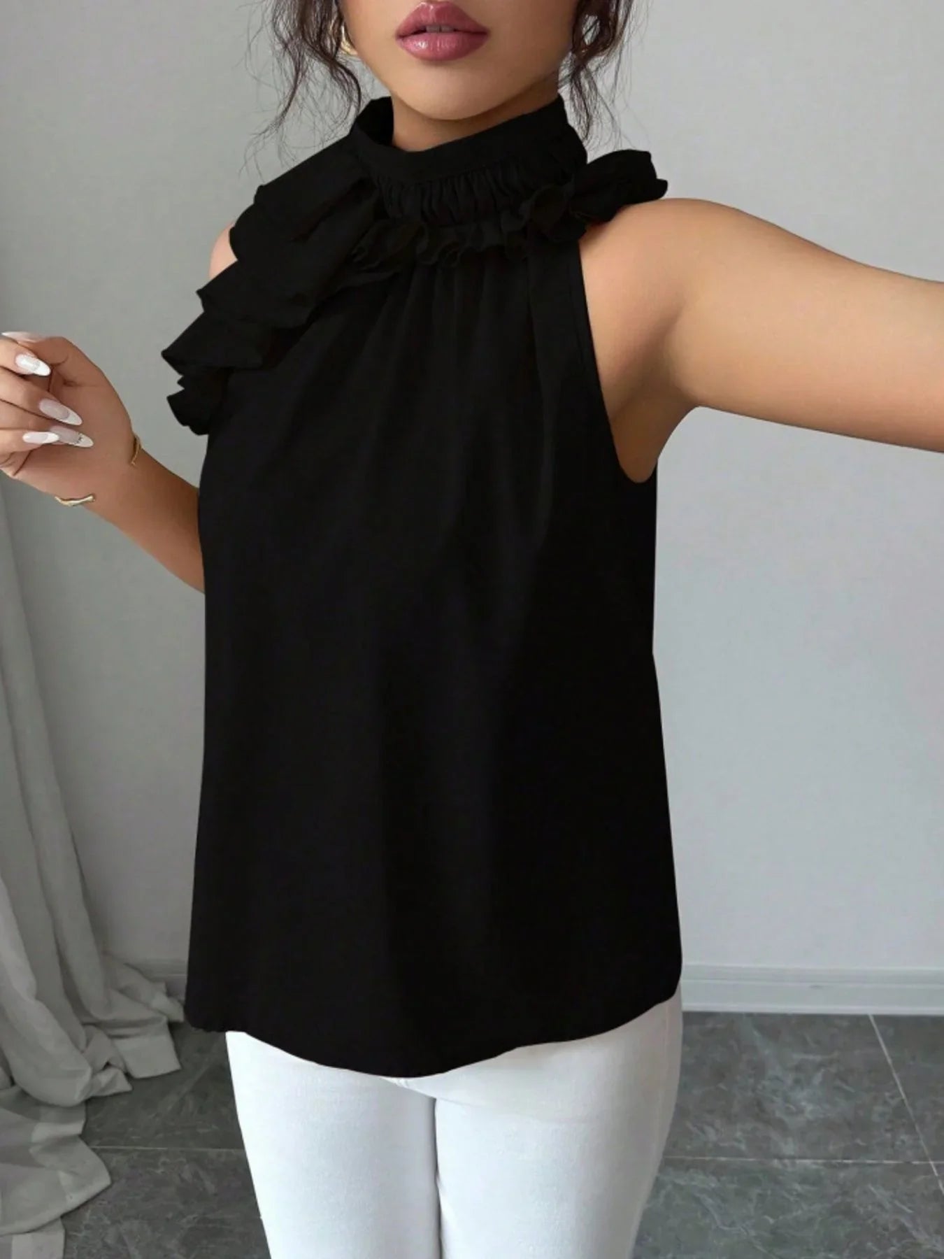 Ruffled High Neck Sleeveless Top With Draped Silhouette Detail - Southern Shores Clothing