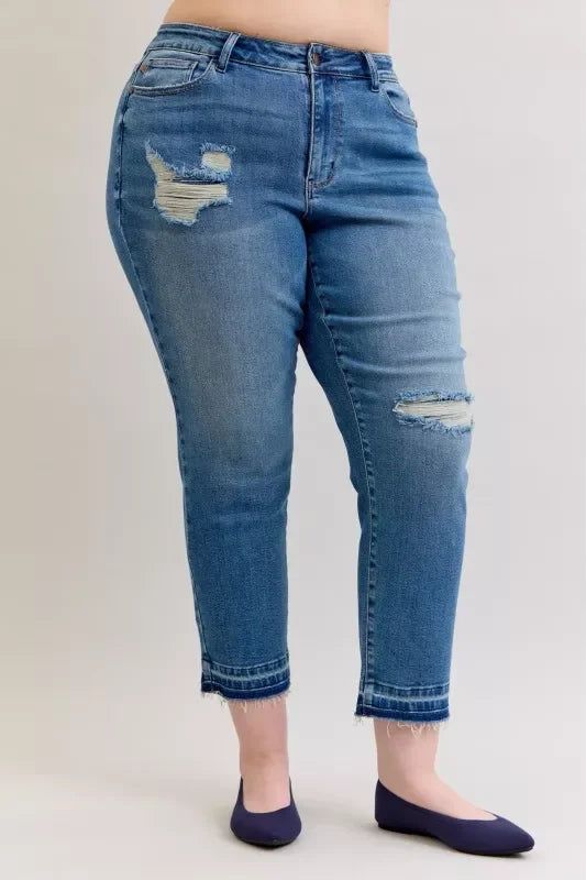 Plus Size Destroyed Jeans Mid Rise Patchwork Denim - Southern Shores Clothing