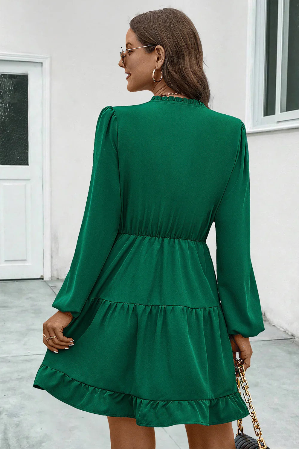 V-Neck Tie Neck Long Sleeve Dress - Southern Shores Clothing