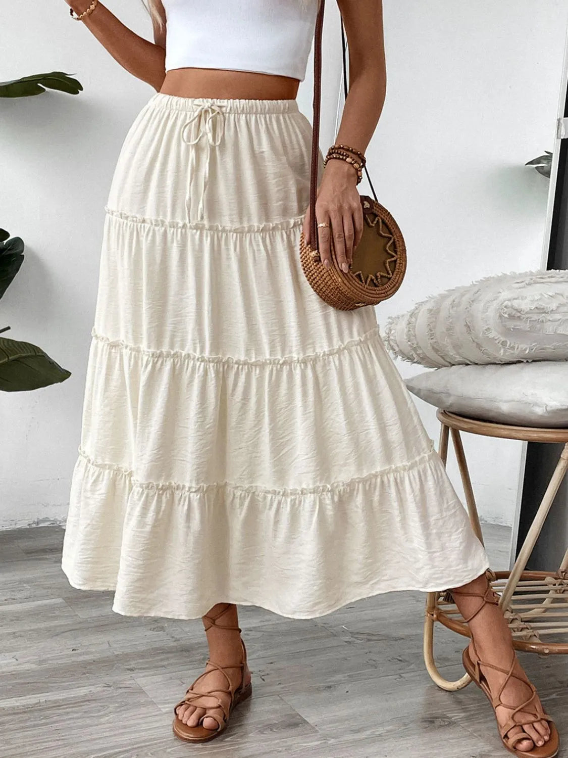 Women's Summer Coastal Drawstring Frill Tiered Skirt