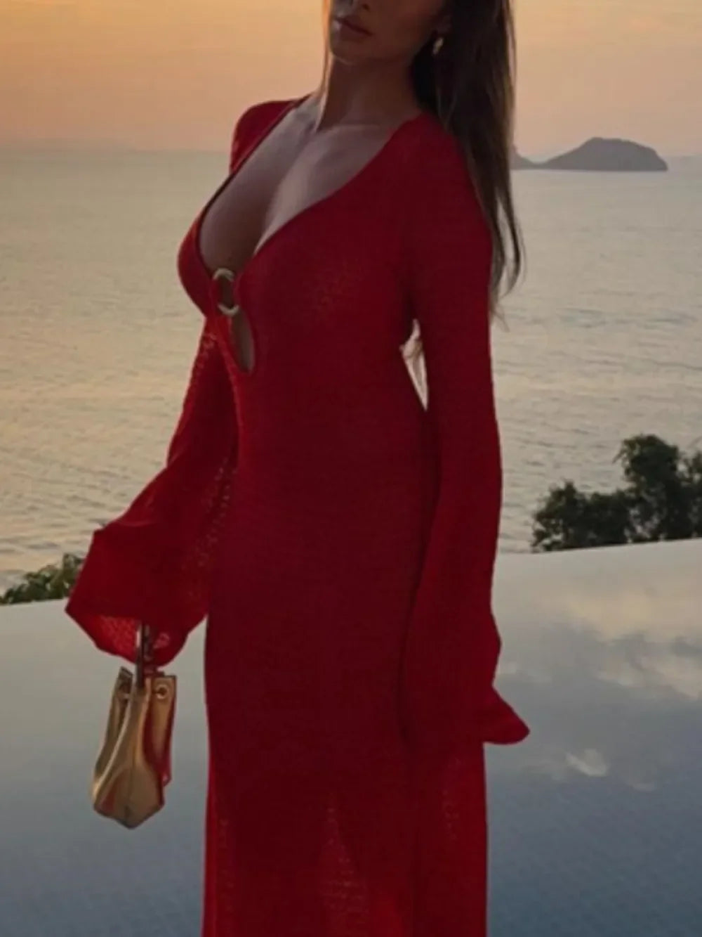 Sheer Slit Plunge Flare Sleeve Cover Up Dress - Southern Shores Clothing
