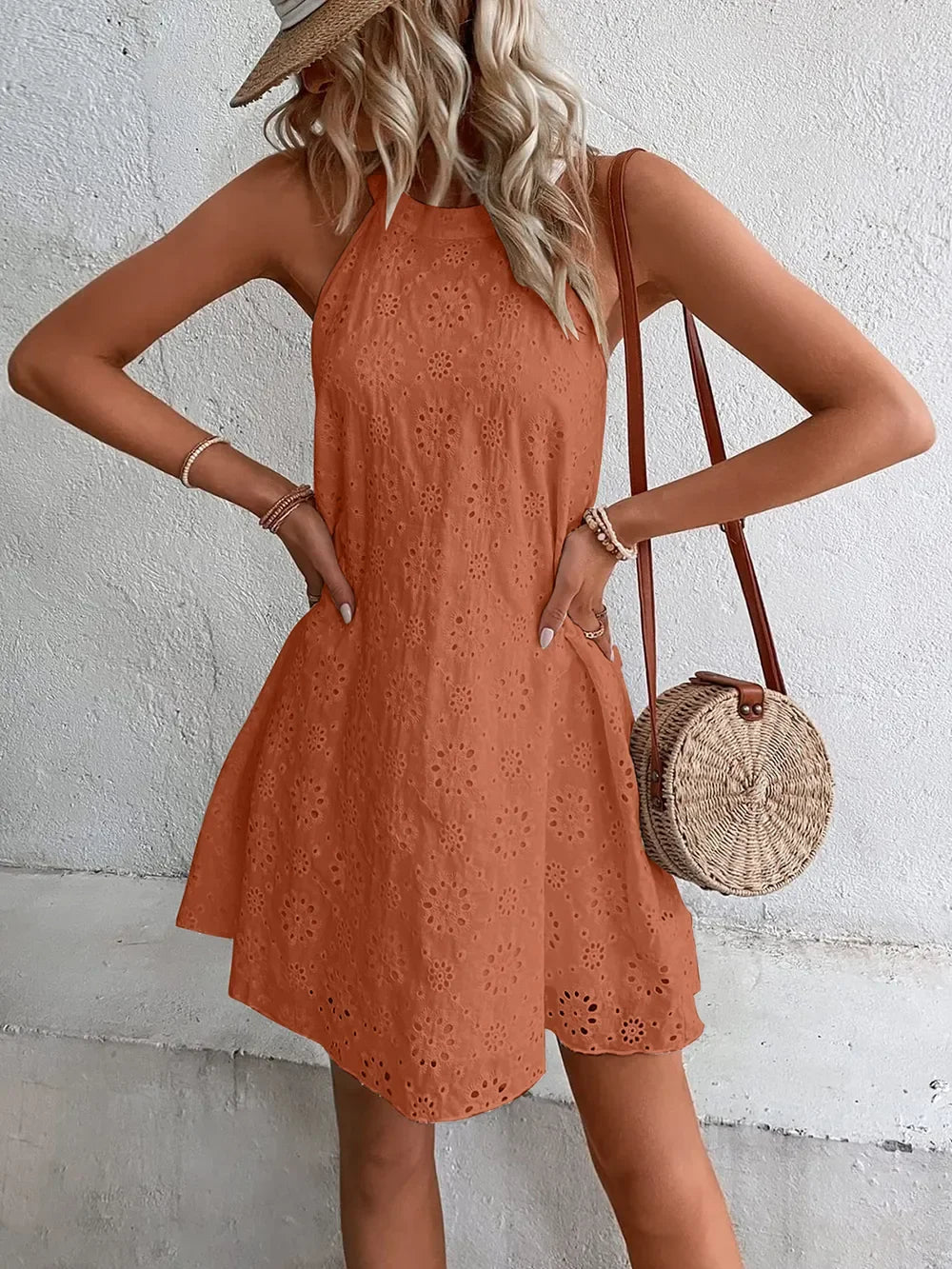 Eyelet Grecian Neck Mini Dress Coastal Style - Southern Shores Clothing