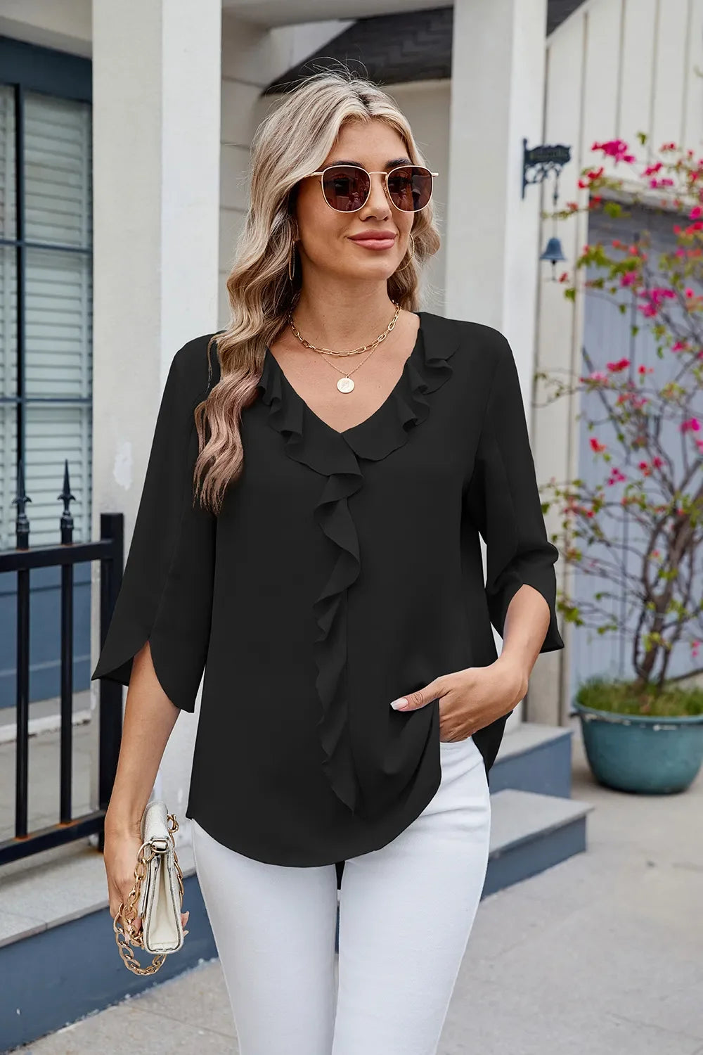 Ruffled Polyester V-Neck Blouse With Three-Quarter Sleeve - Southern Shores Clothing