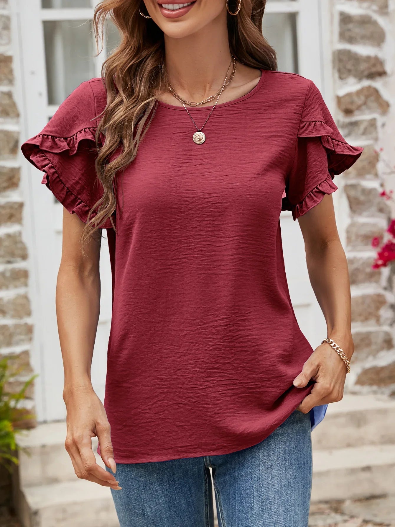 Textured Petal Sleeve Round Neck Tee Polyester - Southern Shores Clothing