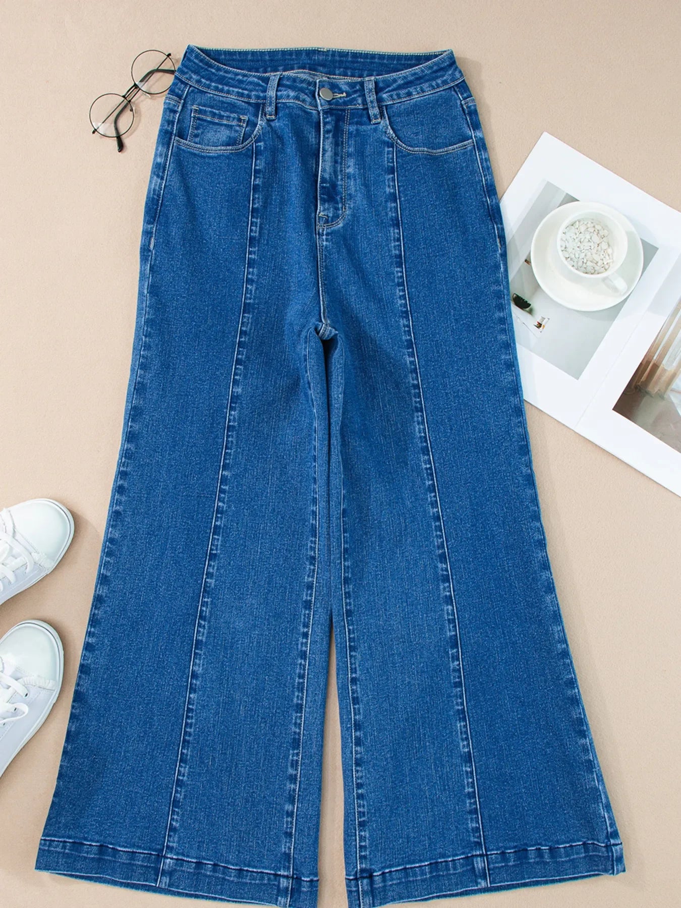 Coastal Seam Detail Flared Bottom Ankle Length Denim Jeans - Southern Shores Clothing