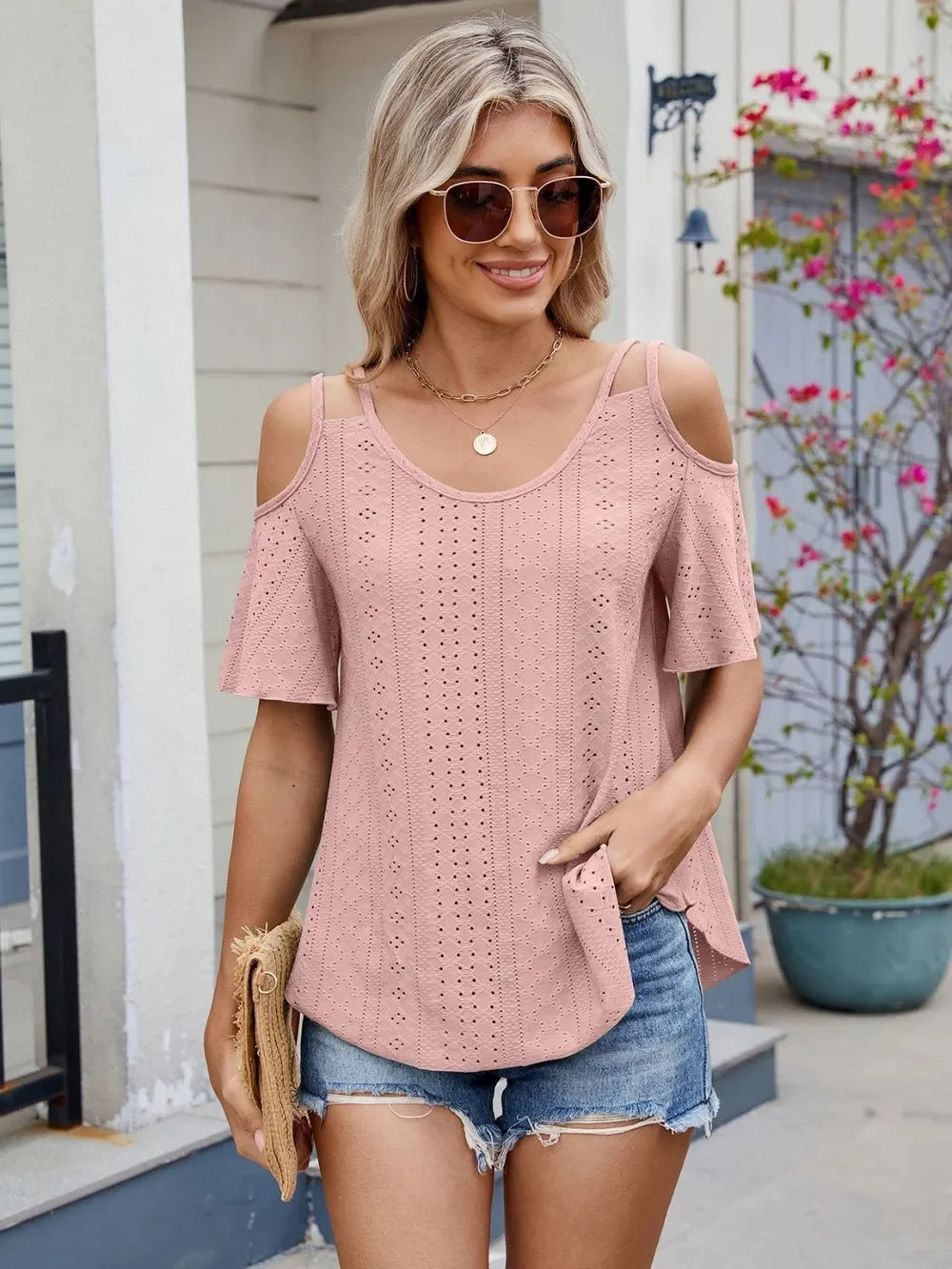 Florira Round Neck Cold Shoulder Eyelet T-Shirt - Southern Shores Clothing