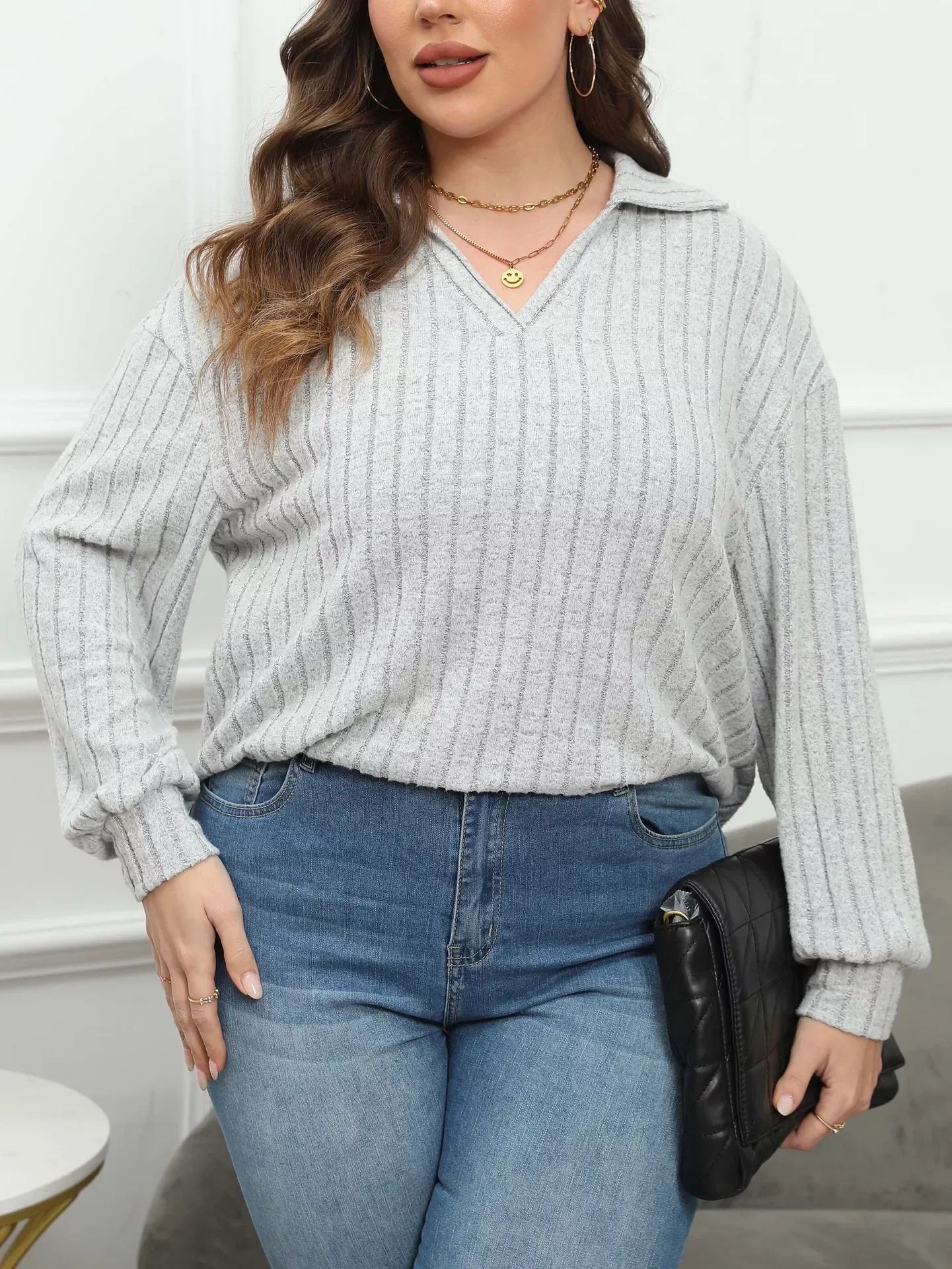 Plus Size Ribbed Knit Polo Collar T Shirt - Southern Shores Clothing