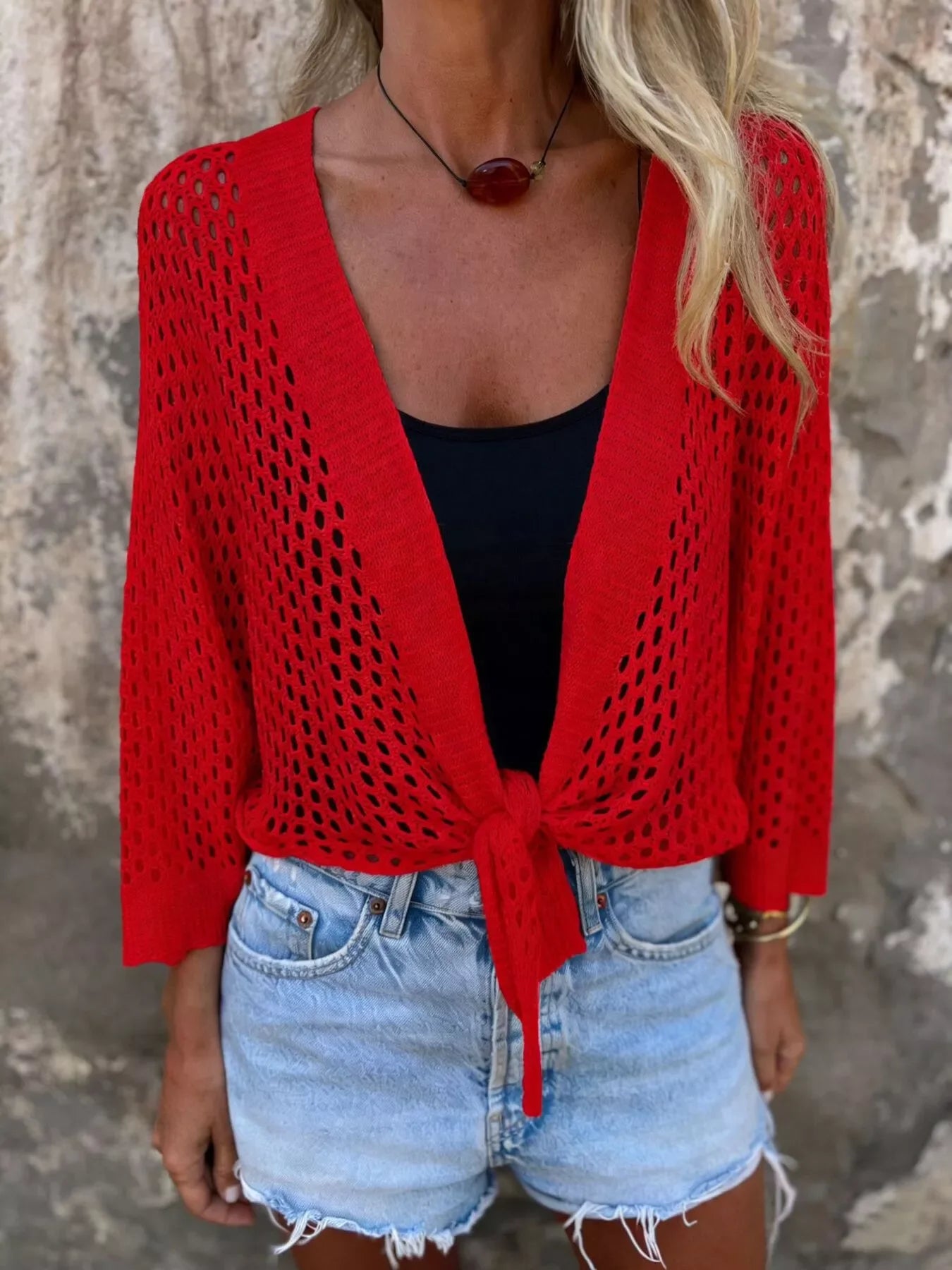 Tie-Front Crochet Knit Cover Up With Openwork Detailing - Southern Shores Clothing