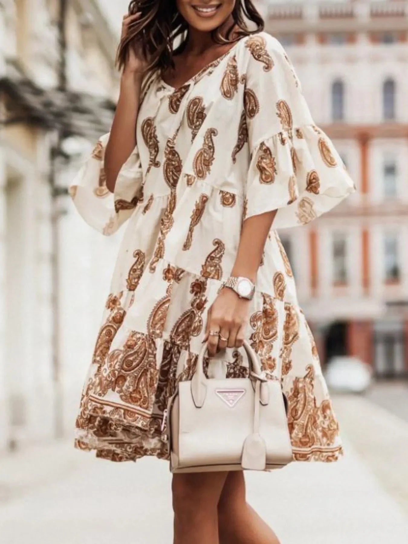 Paisley Print Tie Neck Half Sleeve Mini Dress Casual Everyday - Southern Shores Clothing