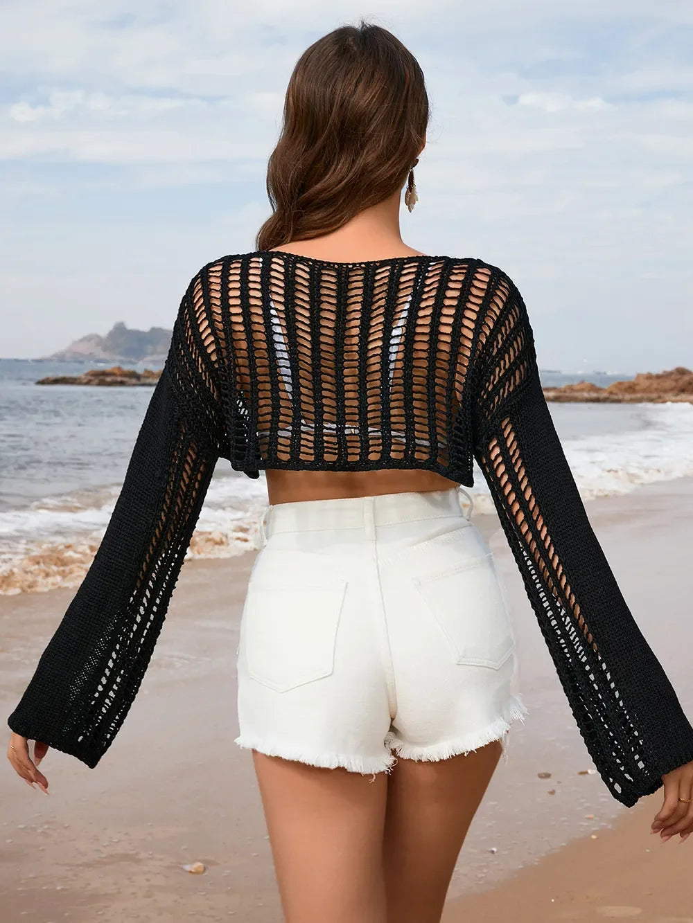 Sheer Openwork Boat Neck Long Sleeve Cover Up - Southern Shores Clothing