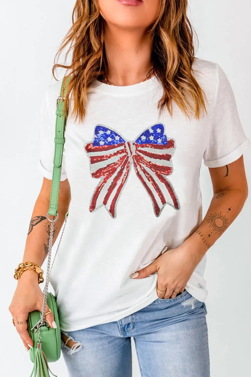 USA Flag Bow Knot Patched Crew Neck Stretch Tee - Southern Shores Clothing