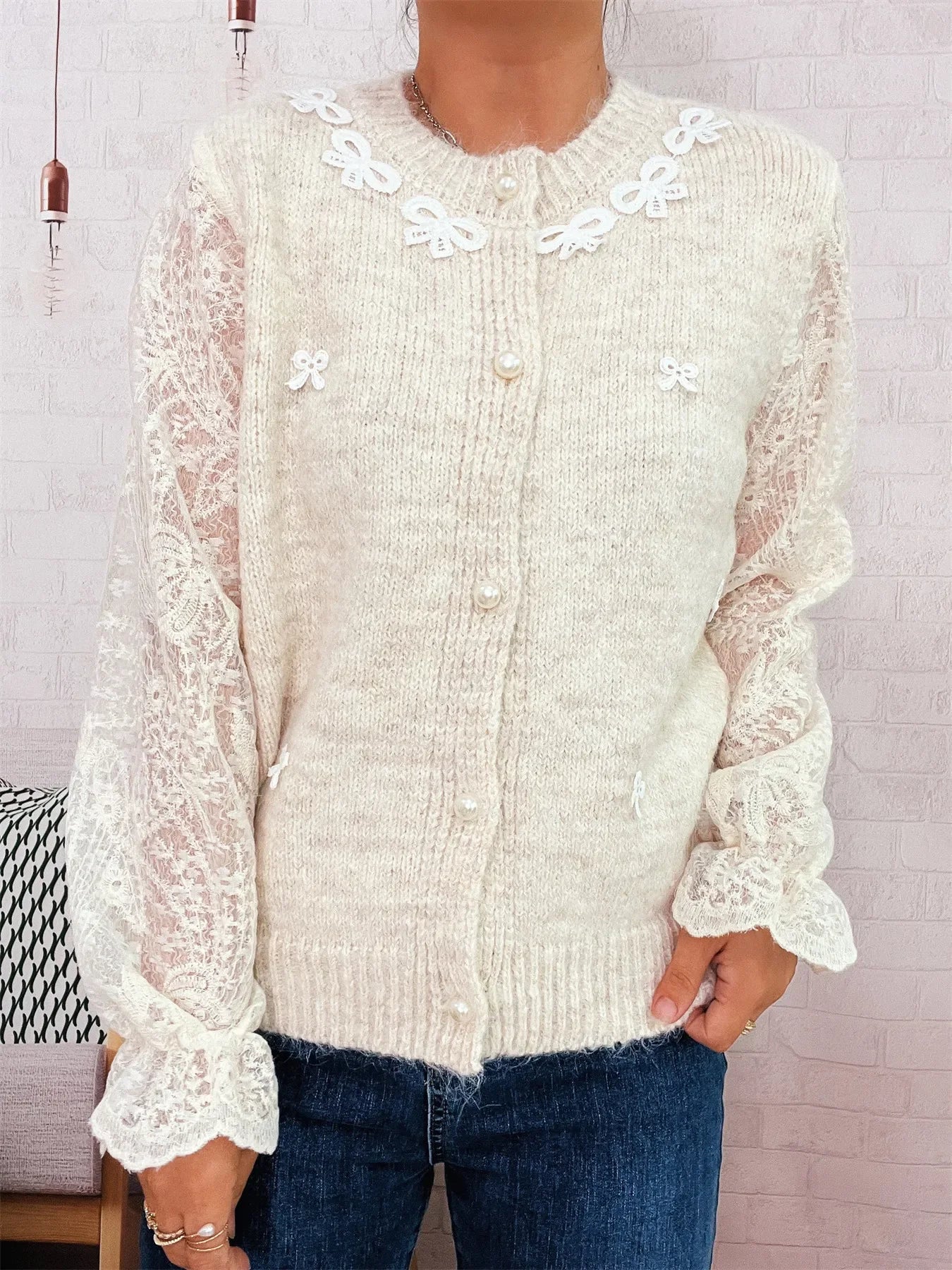 Lace Sleeve Button-Up Cardigan With Ruffled Detail - Southern Shores Clothing