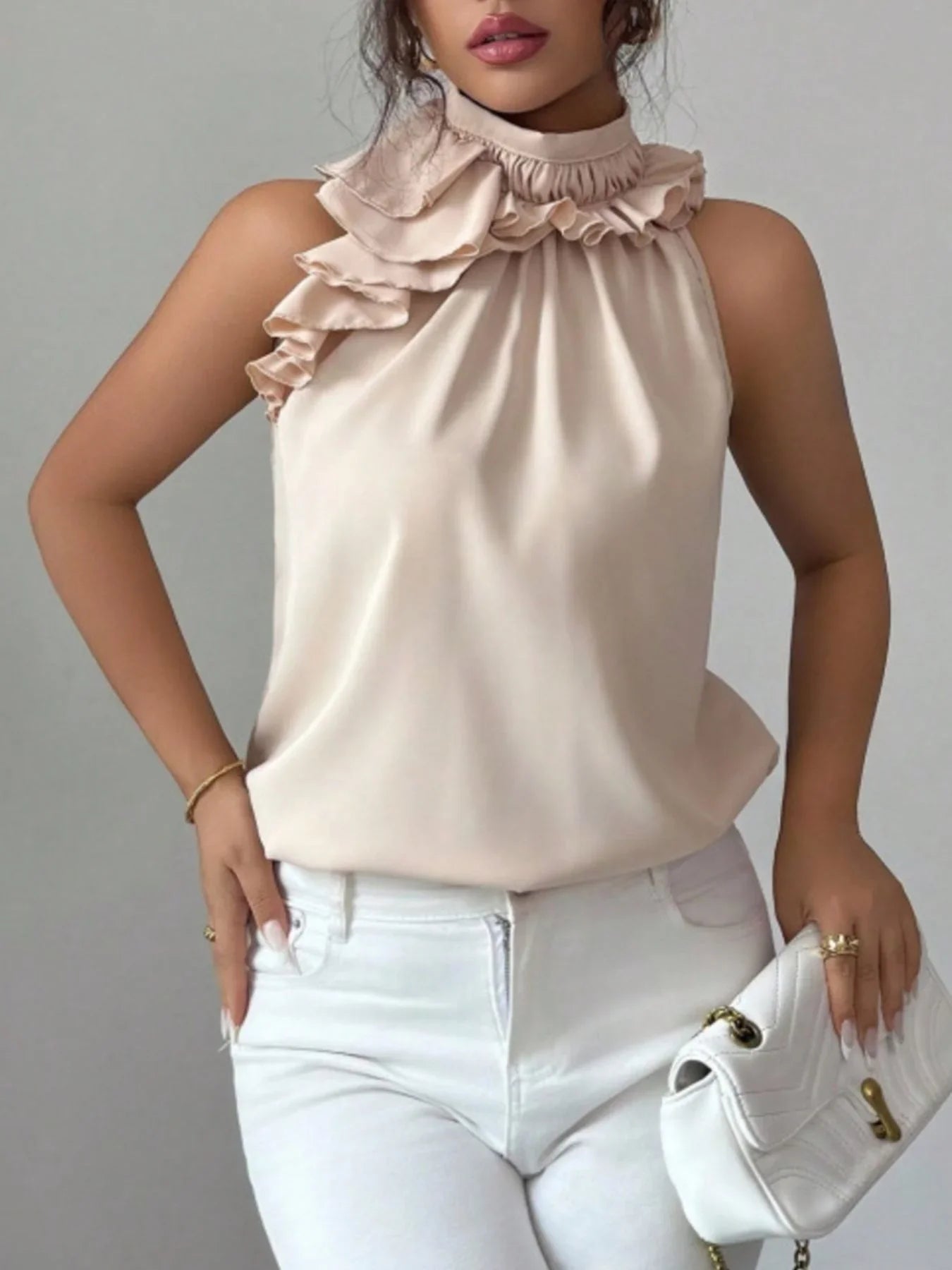 Ruffled High Neck Sleeveless Top With Draped Silhouette Detail - Southern Shores Clothing
