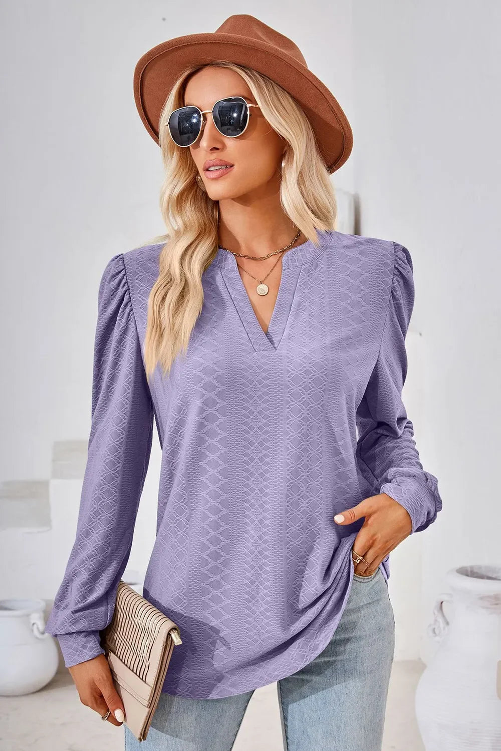 Notched Long Sleeve Top With Slightly Stretchy Fit - Southern Shores Clothing