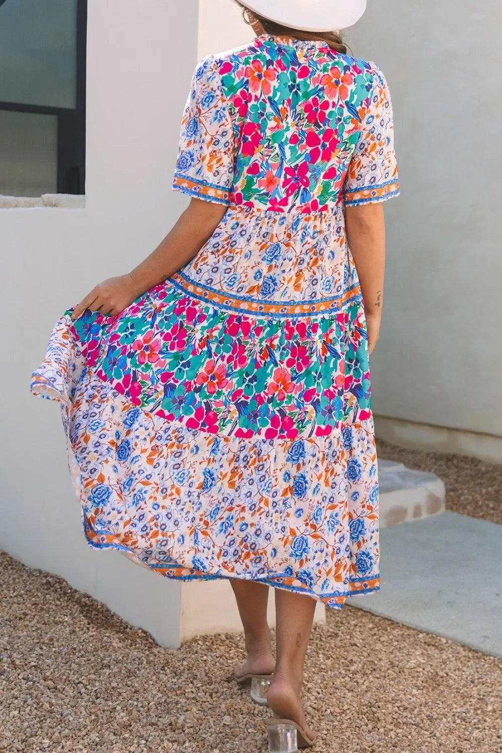Mixed Floral Print Tie Neck Short Sleeve Tiered Frill Dress - Southern Shores Clothing