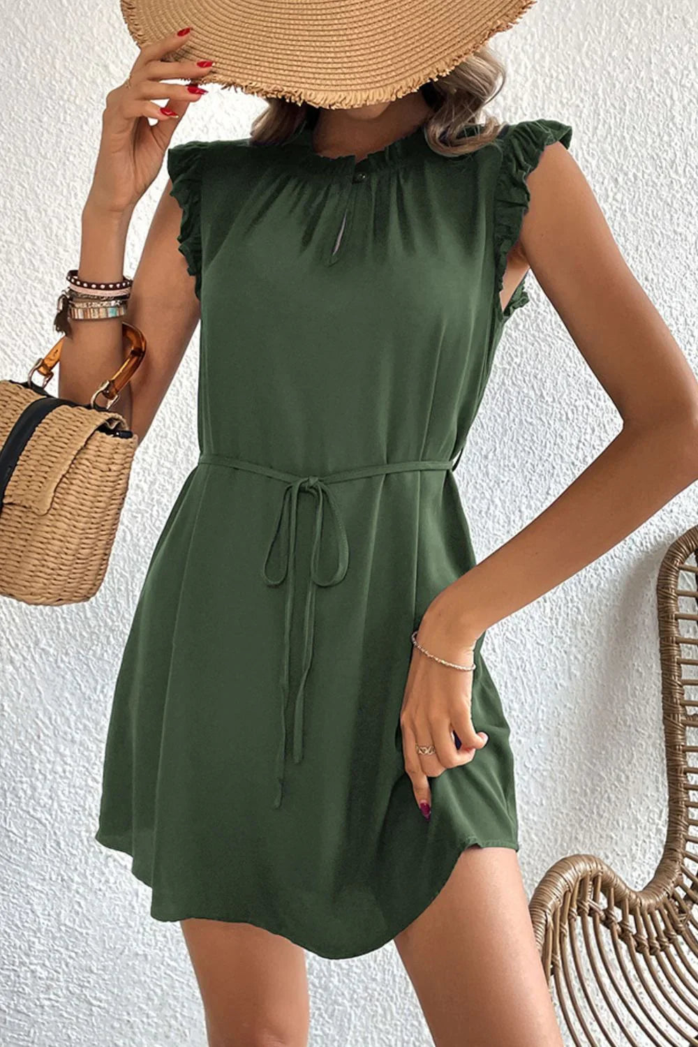 Perfee Ruffled Tie-Waist Keyhole Dress - Southern Shores Clothing